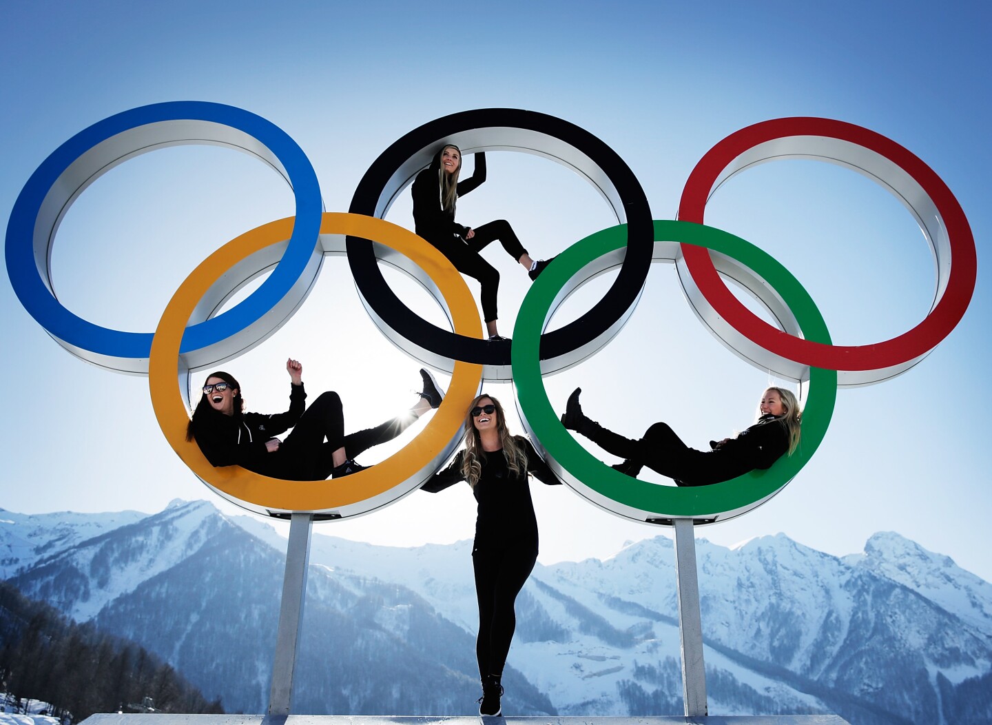 Shelly Gotlieb, Stefi Luxton, Christy Prior and Rebecca Torr of New Zealand pose for a picture at the with the Olympic Rings at Athletes Village ahead of the Sochi 2014 Winter Olympics on February 4, 2014 in Sochi, Russia.  