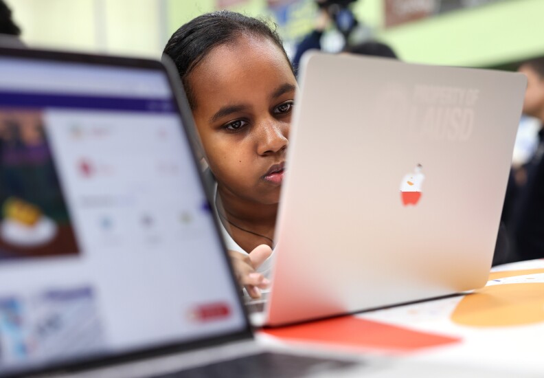 A young child uses a laptop for schoolwork.