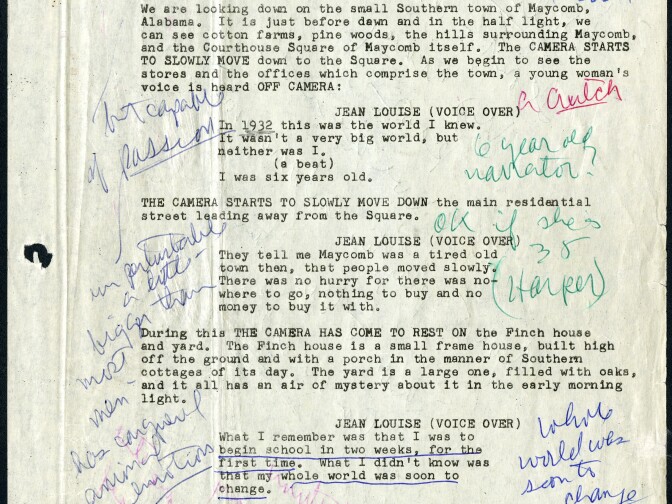 A page from the script of "Tok Kill a Mockingbird" annotated by Gregory Peck from the Gregory Pick Papers, part of the collection for the Academy Museum of Motion Pictures.