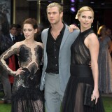 (L-R) Actors  Kristen Stewart, Chris Hemsworth, Chalize Theron  attend the World Premiere of 'Snow White And The Huntsman' at The Empire and Odeon Leicester Square on May 14, 2012 in London, England.