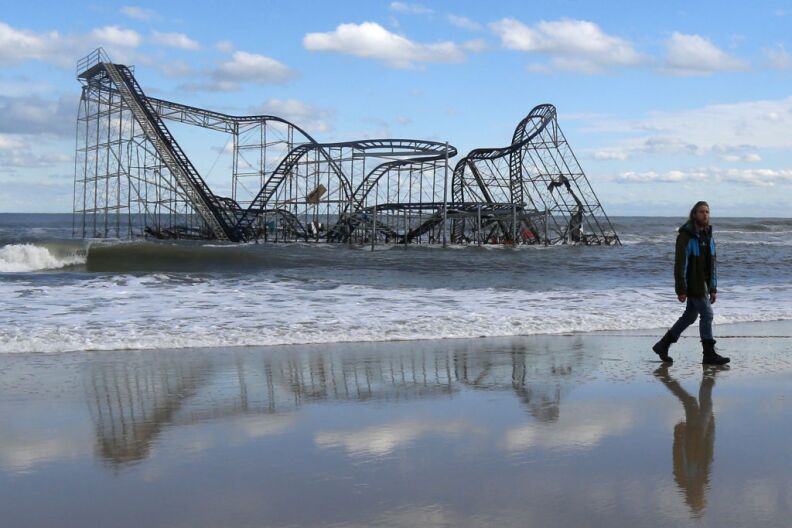 A rollercoaster that once sat on the Funtown Pier in Seaside Heights, N.J., rests in the ocean on Wednesday, Oct. 31, 2012. The pier was washed away by superstorm Sandy which made landfall Monday evening. 