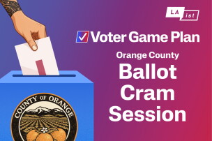 An graphic titled "Voter Game Plan: Orange County Ballot Cram Session" by LAist, featuring an illustration of a hand dropping a ballot into a blue ballot box bearing the County of Orange seal against a purple gradient background. 