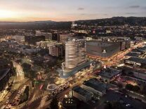 An artist's conception shows a newly approved mixed-use project near the Beverly Center in Los Angeles that will include some affordable housing units and a ground-level market.