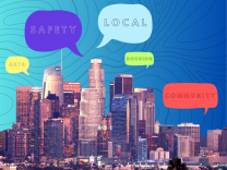 Los Angeles skyline atop a colorful blue background with speech bubbles in the area including the words safety, local, housing, community, arts. 