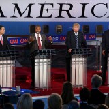 Republican presidential candidates (L-R) U.S. Sen. Ted Cruz (R-TX), Ben Carson, Donald Trump and Jeb Bush participate in the presidential debates at the Reagan Library.