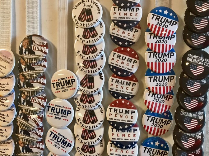Vendors sold hats and buttons supporting President Trump during the 2018 California Republican Party convention in San Diego. 