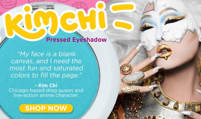 An ad campaign for the makeup company Sugarpill that features drag queen Kim Chi. The company collaborated with her to create a turquoise blue eyeshadow.