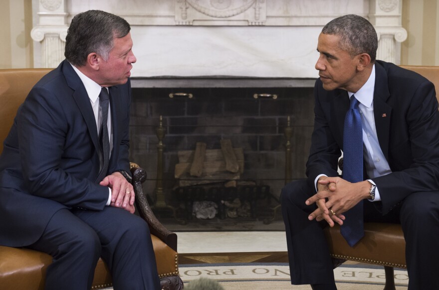 US President Barack Obama meets with King Abdullah II of Jordan in the Oval Office of the White House in Washington, DC, February 3, 2015. The hastily arranged meeting follows the release by the Islamic State of a video showing the apparent burning alive of a Jordanian pilot who had been captured late last year. AFP PHOTO / SAUL LOEB        (Photo credit should read SAUL LOEB/AFP/Getty Images)