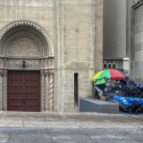 A makeshift shelter in front of church on Wilshire Boulevard in Koreatown.