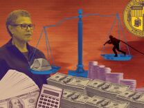 A photo illustration showing L.A. Mayor Karen Bass against an orange backdrop along with a large blue scale weighing a firefighter on one end and a tent on the other. Stacks of money and a calculator appear near the bottom. 