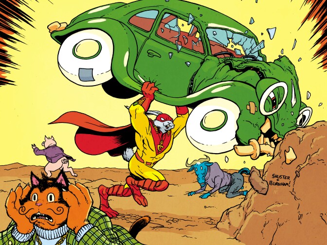 Captain Carrot in an alternate version of the DC Comics universe, riffing on the cover to Action Comics #1.