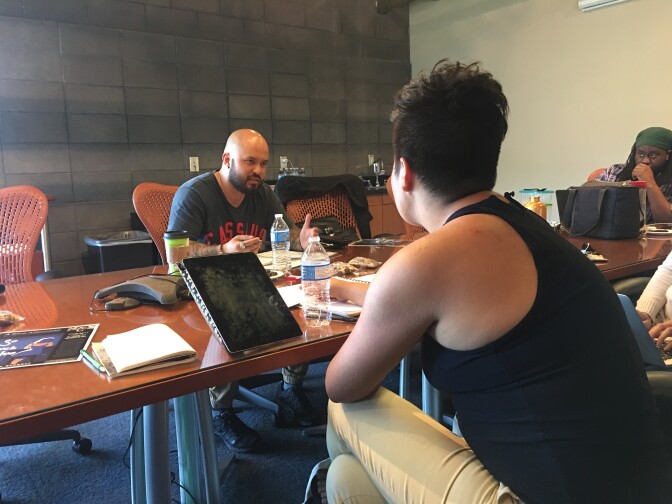 Jamey Keeton (left) and Kendrick Dial (right) opposite MFA candidate Lily Padilla