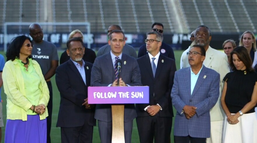 Mayor Eric Garcetti speaks at a ceremony officially announcing the Olympics coming to Los Angeles in 2028, on July 31, 2017.