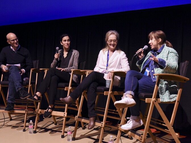 The "Suffragette" Q&A at 42nd Telluride Film Festival: (L-R) John Horn, Sarah Gavron, Meryl Streep, Abi Morgan. Photo credit: Vivien Best. Courtesy of The Telluride Film Festival