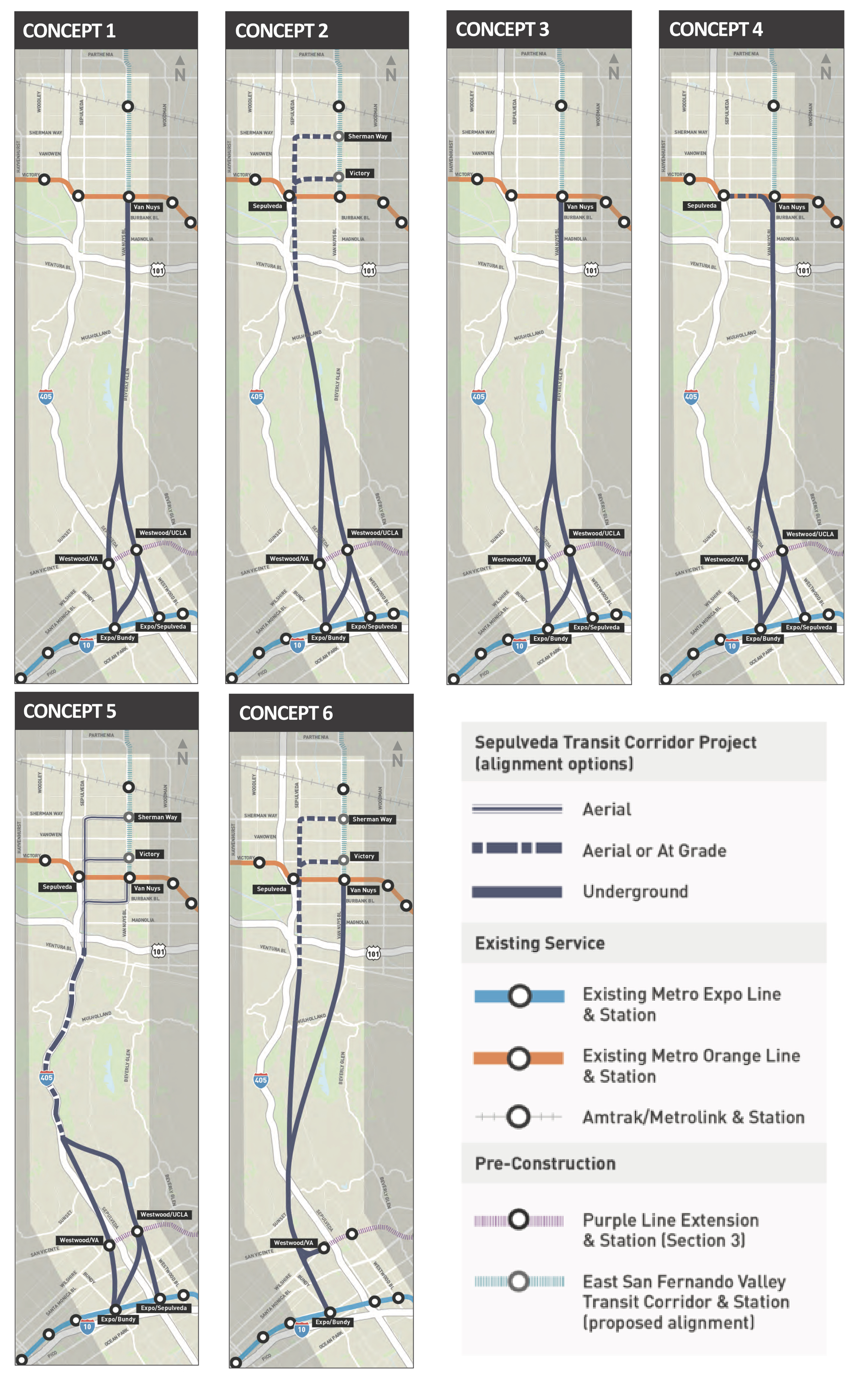 Maps of the potential routes, for the proposed Sepulveda transit center project.