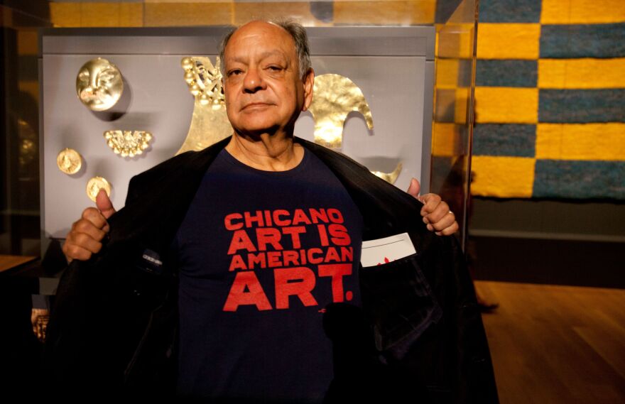 Actor Cheech Marin shows his support for Chicano art at the Getty Museum's Pacific Standard Time: LA/LA opening celebration in Los Angeles late on September 15, 2017.