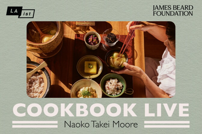 Promotional graphic for "Cookbook Live" featuring Naoko Takei Moore, presented by LAist and the James Beard Foundation. The image shows a top-down view of a person using chopsticks to eat a traditional Japanese meal served in small ceramic bowls on a wooden table, alongside a clay cooking pot.