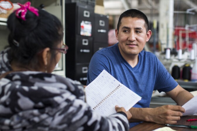 Manager Diego Martinez works with employees at the manufacturing facility for Los Angeles Apparel, the new label started by American Apparel founder Dov Charney, in South Los Angeles on Thursday, June 8, 2017. A year ago, Martinez followed Charney from American Apparel to his new company.