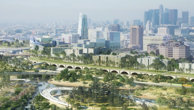 AECOM, a multinational construction and engineering company, released its plan for remaking hundreds of acres of land alongside the Los Angeles River through downtown. The view is from the Piggyback Yard, a 120-acre active rail yard the company would like remake with cleaner trains and a smaller footprint leaving green space for the public