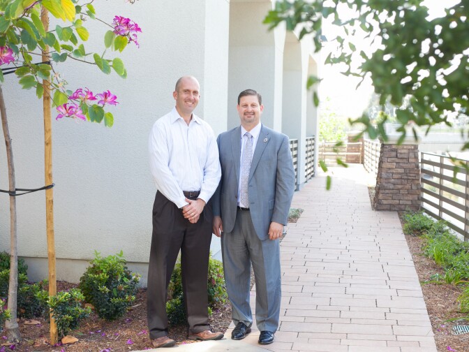 Ed Holder, developer for Mercy Housing (left) and assistant city manager of El Monte Jesus Gomez pose for a portrait at El Monte Veterans Village in El Monte, Calif. on Thursday, April 2, 2015.  

(Photos by Susanica Tam for KPCC)