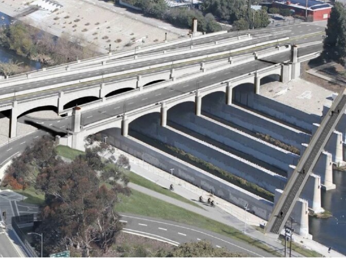 Two L.A. City Council members propose building a new pedestrian and bicycle bridge, lower right, over the Los Angeles River to improve cross-river access. 