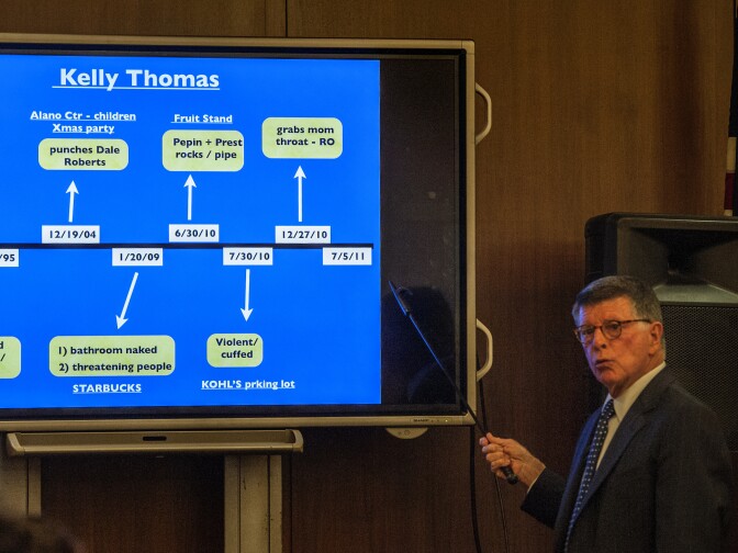 Defense attorney for former Fullerton police officer Manuel Ramos,  John Barnett,  shows a diagram portraying Kelly Thomas as an unpredictably violent person during opening statements on Monday, Dec. 2, 2013 in Santa Ana, Calif.  Orange County District Attorney Tony Rackauckas told jurors that former Fullerton officers Ramos and Jay Cicinelli were responsible for the death of 37-year-old Kelly Thomas in July 2011. Thomas, whose family says was schizophrenic, died five days after the violent confrontation with six officers who responded to a call about a man jiggling car door handles in a transit center parking lot. Ramos is charged with second-degree murder and involuntary manslaughter. Cicinelli is charged with to involuntary manslaughter and use of excessive force.  Barnett portrayed Thomas as an unpredictably violent person in his opening statements.