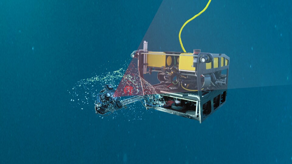 Illustration of MBARI's MiniROV using the DeepPIV laser system to illuminate a giant larvacean.