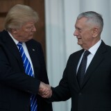 BEDMINSTER TOWNSHIP, NJ - NOVEMBER 19:  (L to R) President-elect Donald Trump shakes hands with retired United States Marine Corps general James Mattis after their meeting at Trump International Golf Club, November 19, 2016 in Bedminster Township, New Jersey. Trump and his transition team are in the process of filling cabinet and other high level positions for the new administration.  (Photo by Drew Angerer/Getty Images)