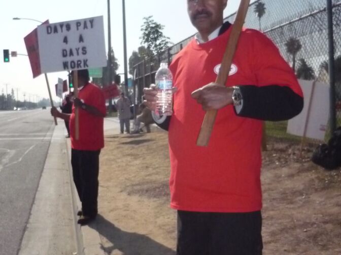 Psychiatric Technician Tigini Johar joins his co-workers during their lunch break in front of Metropolitan State Hospital to protest mandatory furloughs.  Caregivers say they work those days anyway- without pay.  State lawmakers have said every agency has to share the pain of the state's budget short fall. 