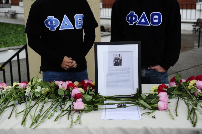 TO GO WITH AFP STORY by UTE MEHNERT - (FILES) Students pay their respects on October 01, 2010 to first-year student Tyler Clementi, 18, who killed himself shortly after being filmed and broadcast over the Internet during a gay encounter, at Rutgers Univeristy in New Brunswick, New Jersey. Two undergraduates at a US university have been arrested after Tyler, a fellow student they allegedly filmed and broadcast over the Internet during a gay encounter, leapt to his death from a New York bridge. Prosecutors said that two students at Rutgers had been charged with invasion of privacy and that investigators were considering further charges linked to the fact that Clementi was apparently filmed in a homosexual act..AFP PHOTO/Emmanuel Dunand (Photo credit should read EMMANUEL DUNAND/AFP/Getty Images)