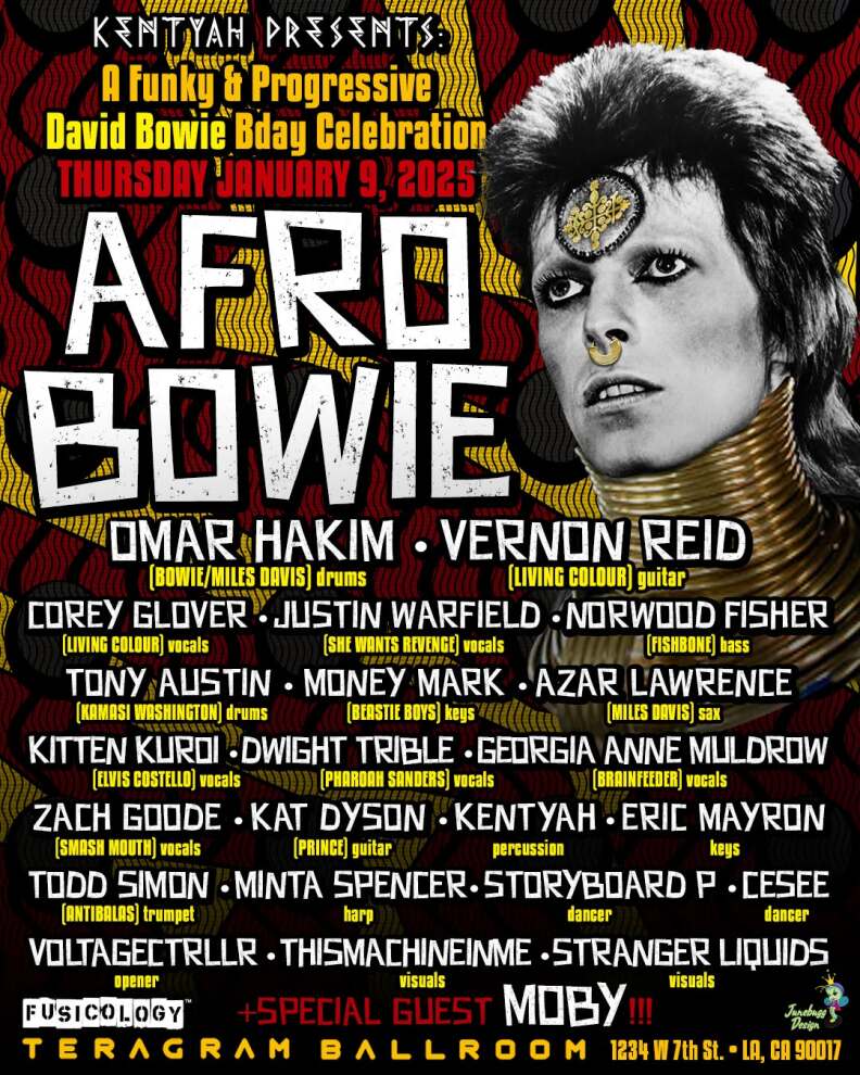 A digital poster promoting the lineup of musicians performing as part of the Afro Bowie show at Teragram Ballroom.