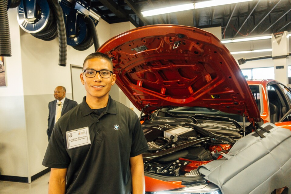Leighton Anderson is a student in the first BMW MSTEP class at Camp Pendleton, studying to become a Level 3 Service Technician for the luxury car maker.