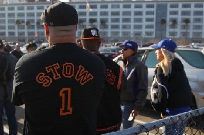 A fan of Brian Stow, the Giants fan who was attacked last week at a Dodgers game in Los Angeles, looks on before the San Francisco Giants and the Los Angeles Dodgers MLB game at AT&T Park on April 11, 2011 in San Francisco, California.
