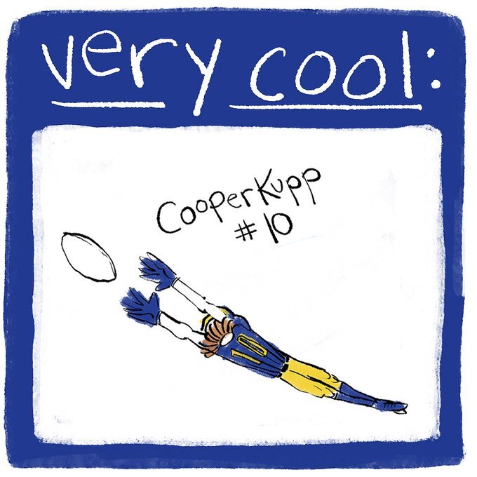 A cartoon rendering of wide receiver Cooper Kupp dives toward a football wearing a blue and gold Rams jersey with a number ten on it. The caption at the top of the cartoon reads "very cool"