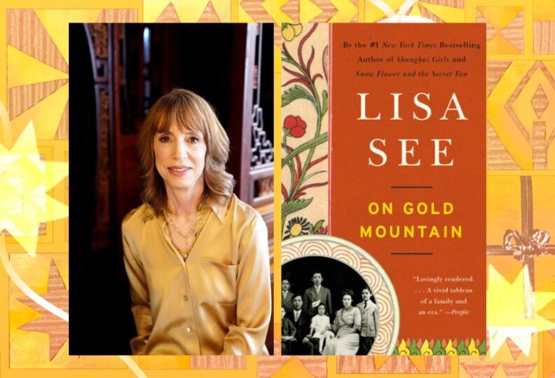 Side-by-side photographs of author Lisa See on the left, with shoulder length brown hair and a gold buttoned down shirt, and the cover of her book on the right: "On Gold Mountain." The images are set against a festive gold background accented with images of stars, gift boxes and ribbons.