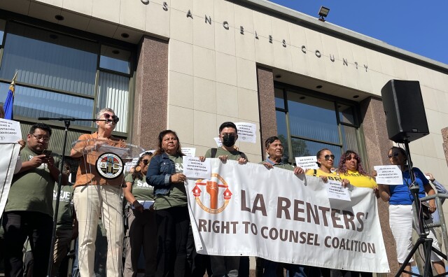 Tenants gather at rally ahead of an L.A. County Board of Supervisors vote on providing free attorneys to renters facing eviction.
