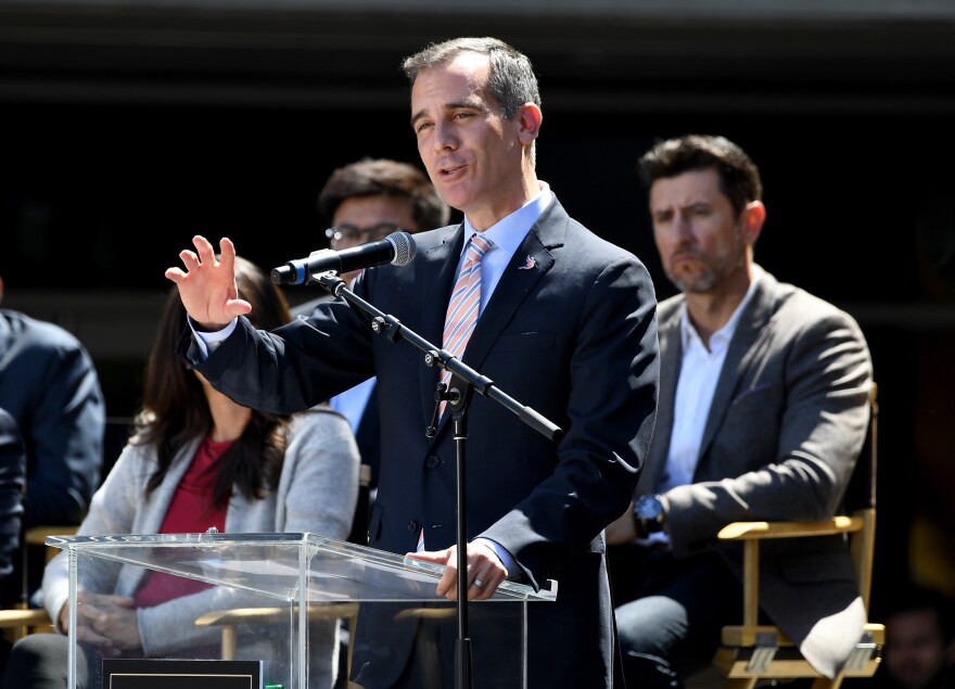 LOS ANGELES, CA - APRIL 18:  The Mayor of Los Angeles Eric Garcetti speaks to fans and media during the ribbon cutting ceremony for the new home of the Los Angeles FC at Banc of California Stadium on April 18, 2018 in Los Angeles, California.  (Photo by Jayne Kamin-Oncea/Getty Images)