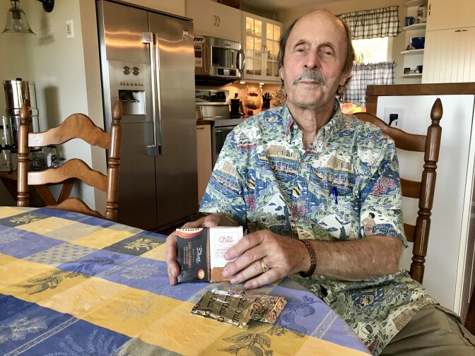 Jon Northrop, 74, uses cannabis to relieve pain stemming from multiple sclerosis and a series of back injuries. His product of choice is a cannabis-infused chocolate bar, which he eats —but only two squares — before bedtime. 