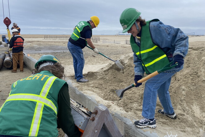 Two women and a man shovel sand from a pile at the beach with a gray, cloudy sky in the background. They're wearing hardhats and green vests. 