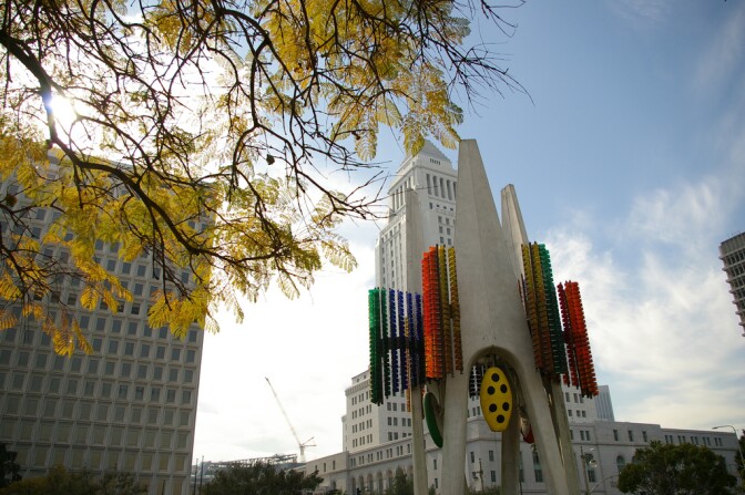 Built in 1975, the Triforium sits atop the Los Angeles Mall at the corner of Main and Temple in Downtown Los Angeles