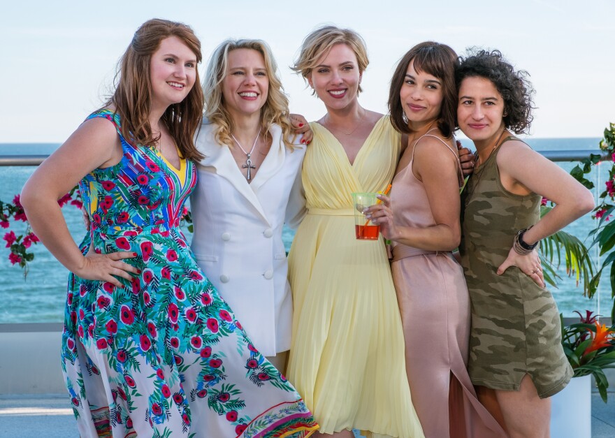 (L to R) Alice (Jillian Bell), Pippa (Kate McKinnon), Jess (Scarlett Johansson), Blair (Zoë Kravitz), and Frankie (Illana Grazer) in Columbia Pictures’ "Rough Night."