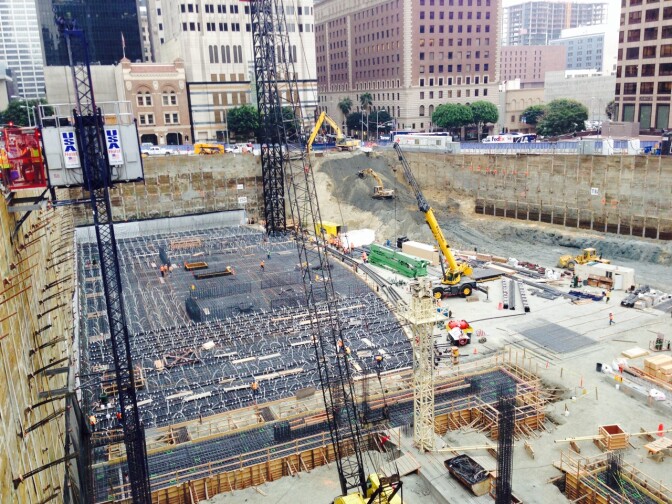 This pit will be the future site of the Wilshire Grand tower. The area covered with rebar is where the concrete pour will take place Saturday Feb. 15th. 