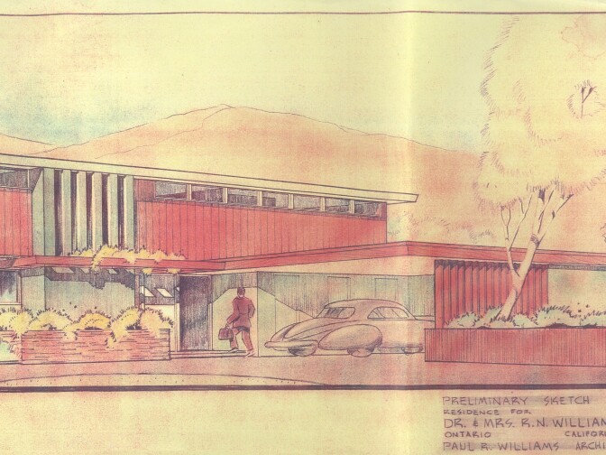 A sketch of one of Williams' mid-century modern home designs from the City of Ontario Planning Department. The work of Williams, an African-American architect, and Maria Kipp, a German immigrant who designed textiles, is on display in a new exhibit at the San Bernardo County Museum.