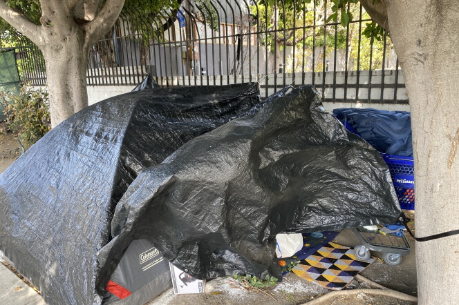 a makeshift tent covered in black tarp sits between two trees on a sidewalk against a fenced in parking lot.