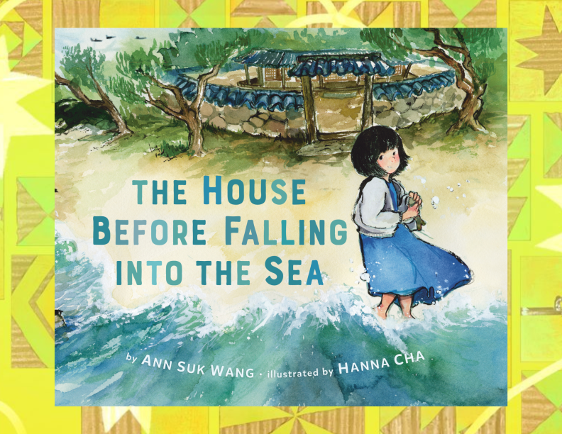 A cover of a children's book called "The House Before Falling Into The Sea" that shows a young girl with light skin standing at the shore line, with a house in the background.