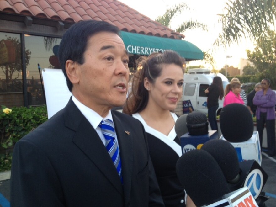 L.A. County Sheriff candidate Paul Tanaka and his wife, Valerie, arrive for his primary night gathering at a restaurant in Gardena where he serves as mayor.