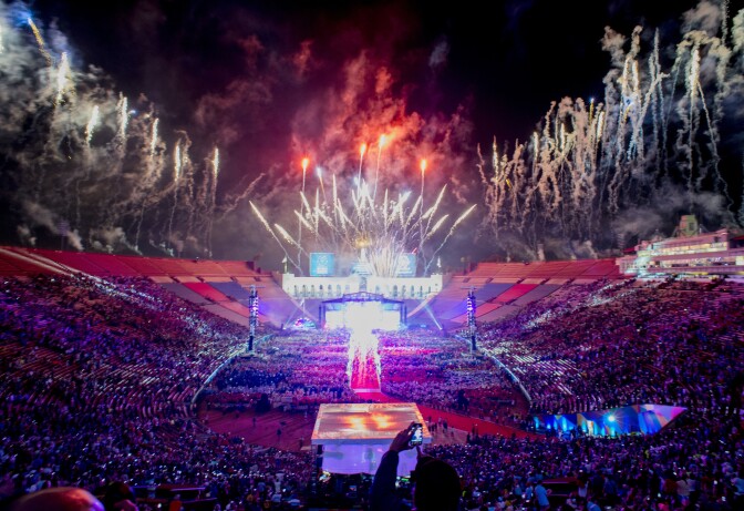 Fireworks explode over the Los Angeles Memorial Coliseum during the 2015 Special Olympics World Games Opening Ceremony, July 25, 2015 in Los Angeles, California.  The Special Olympics, the world's largest sports organization for children and adults with intellectual disabilities, will be the single largest event in Los Angeles since the 1984 Olympics, with more that 7,000 athletes from 165 countries participating. AFP PHOTO / Robyn Beck        (Photo credit should read ROBYN BECK/AFP/Getty Images)