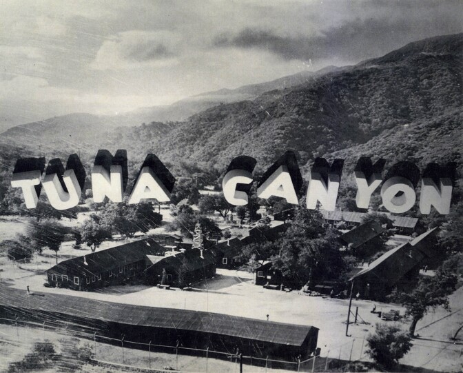 A stylized aerial view of the Tuna Canyon Detention Station. More than 1,000 people of Japanese descent were held at the Tuna Canyon Detention Station, before transferred to longer-stay camps further inland or out-of-state.