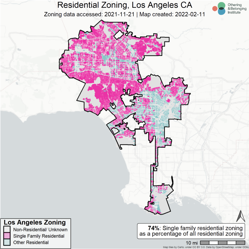 A map of the city of Los Angeles shows hot pink zones covering 74% of the geography.