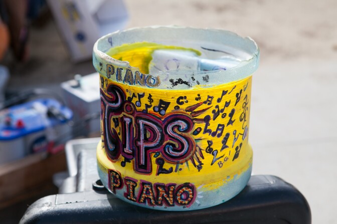 Pianist, Nathan Pino plays for tips on the Venice Boardwalk